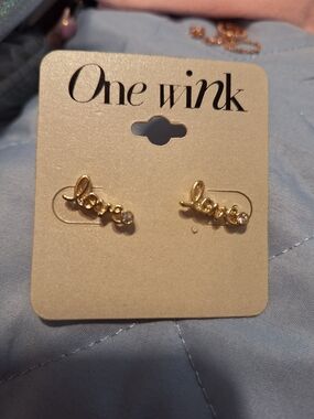 One Wink Gold 'love' Script Stud Earrings - Gold Tone New